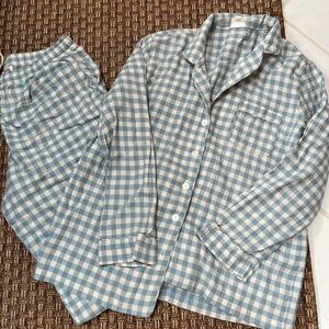 Piglet in Bed Warm Blue Linen Gingham Check Pajama Set Pants Top M